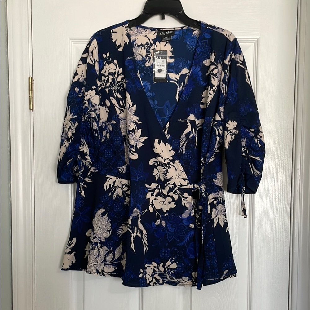NWT Floral Wrap Blouse in Navy and Cream